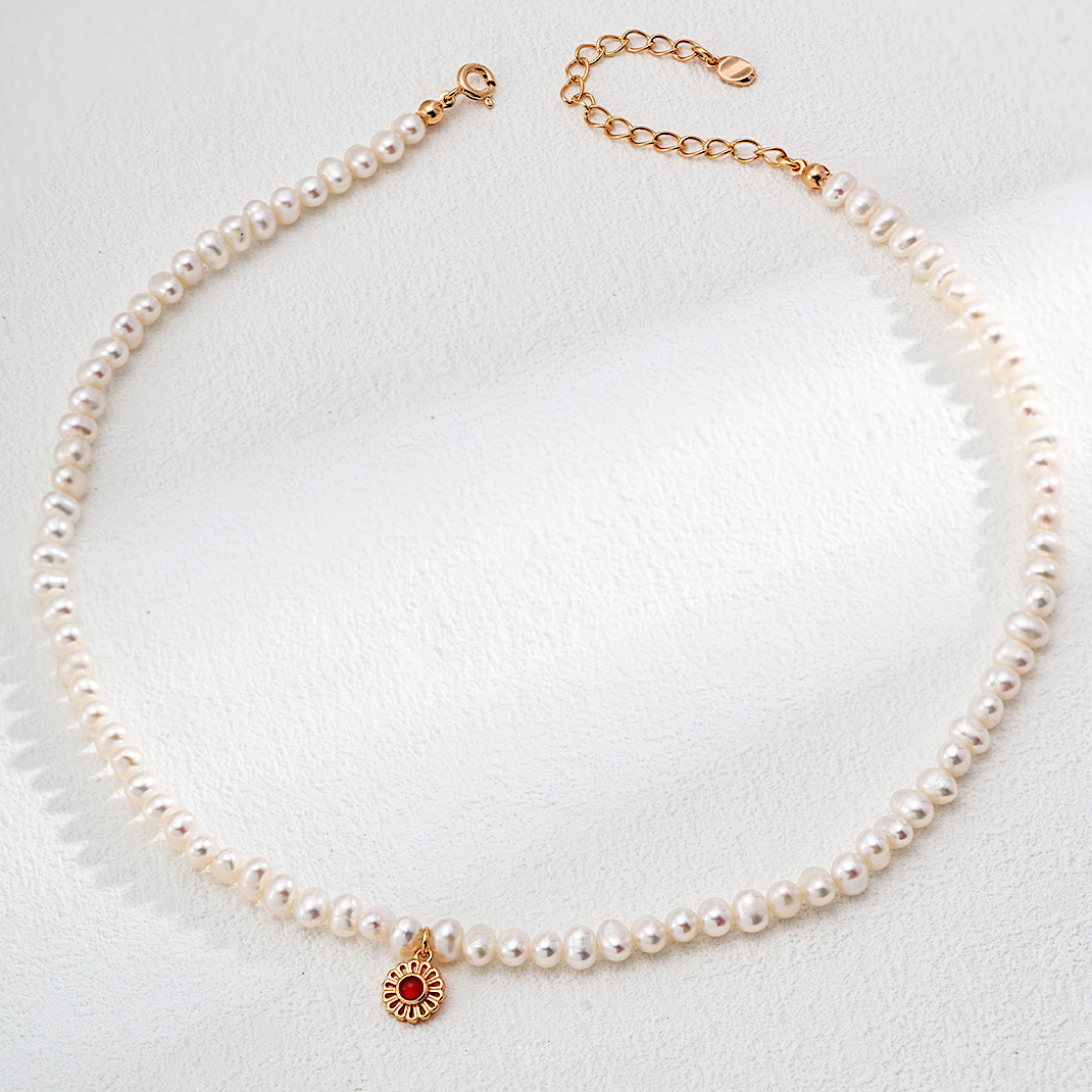 Flower Red Agate Pearl Gold Plated Beaded Necklace