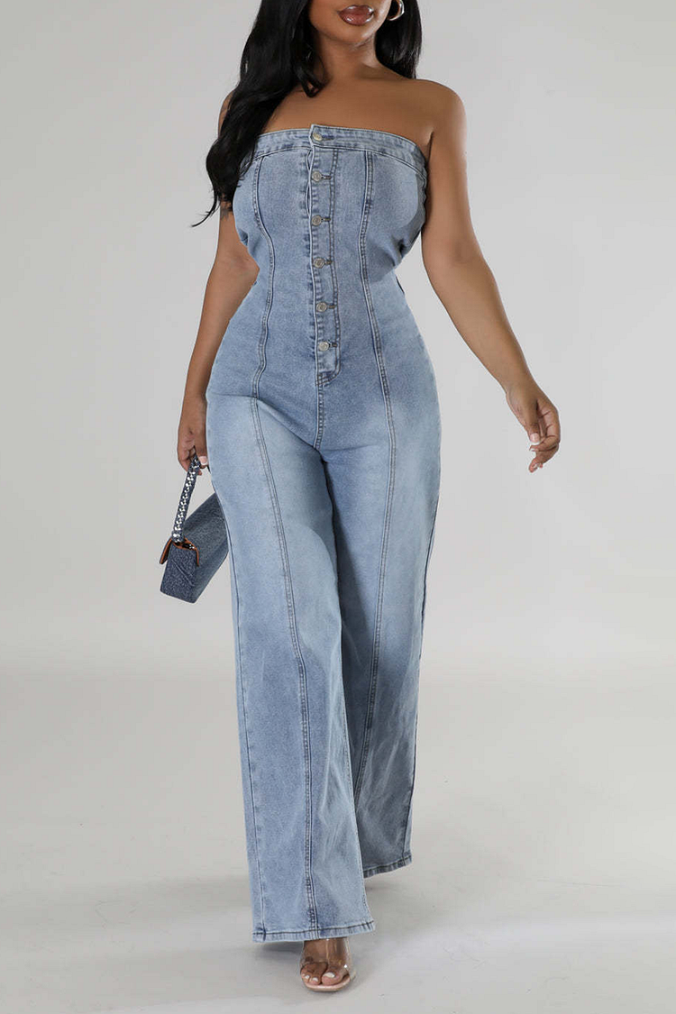 Boat Neck Strapless Button Up Wide Leg Casual Denim Jumpsuit-Blue