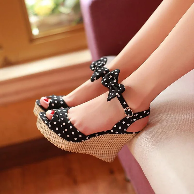 Black & White Polka Dot Wedges Heel Peep Toe Bow Sandal Summer Shoes |FSJ Shoes