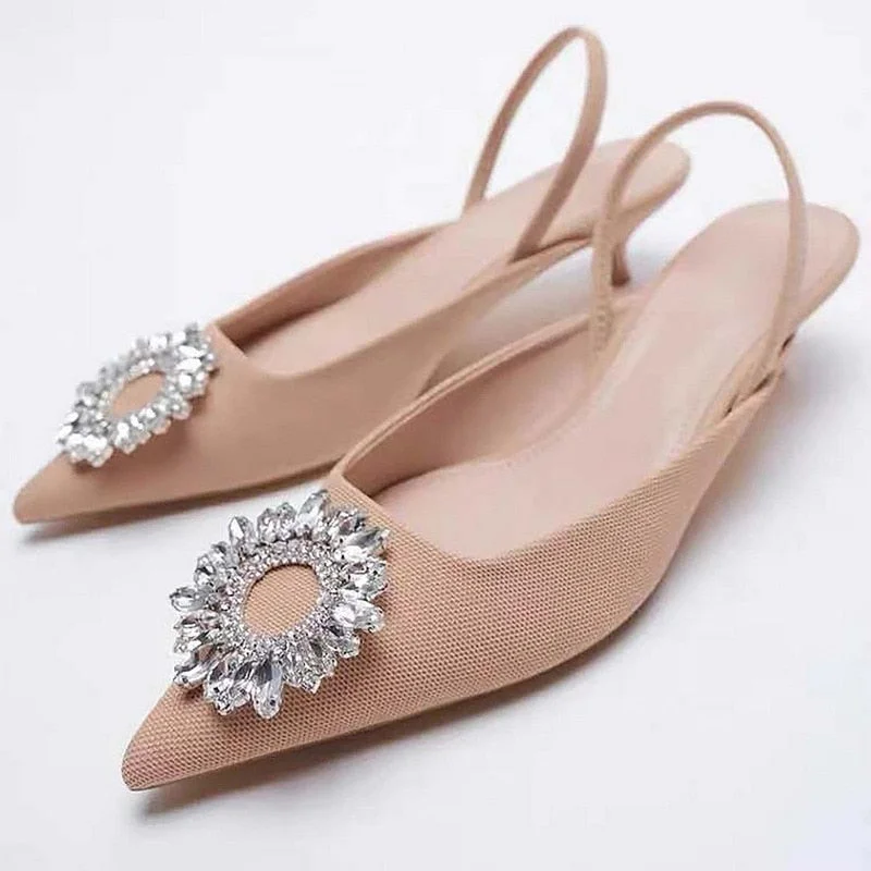 Women's Shoe Fashion Pointed Crystal Square Buckle Women Shoes PU Leather Luxury Low-heeled Female Shoes Sandals Women2021 Brand