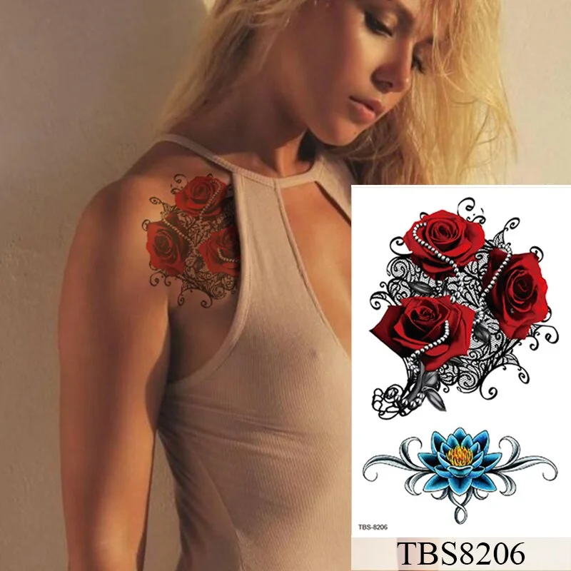 Waterproof Temporary Tattoo Sticker Flower Peony Rose Sketches Flash Tattoos Black Henna Body Art Arm Fake Tatoo Women Men