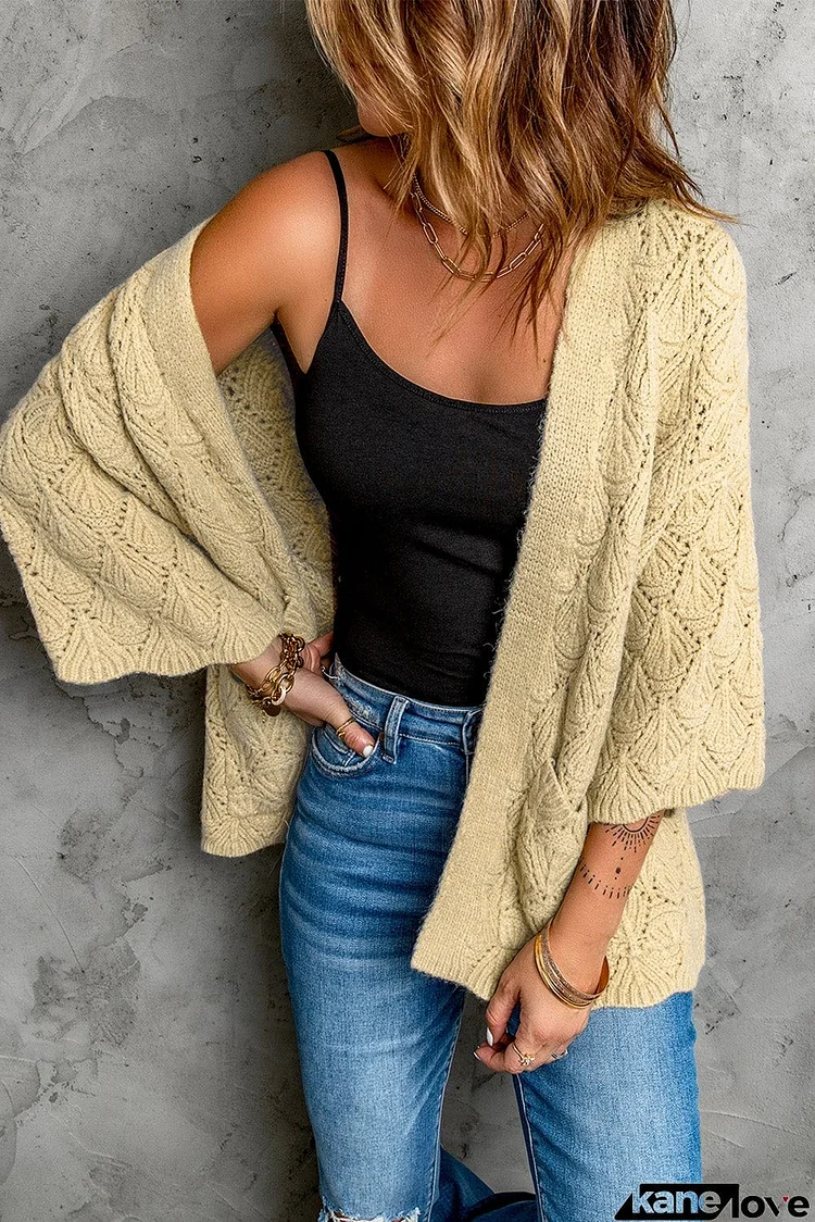 Khaki Textured Pocket Knit Open Front Cardigan