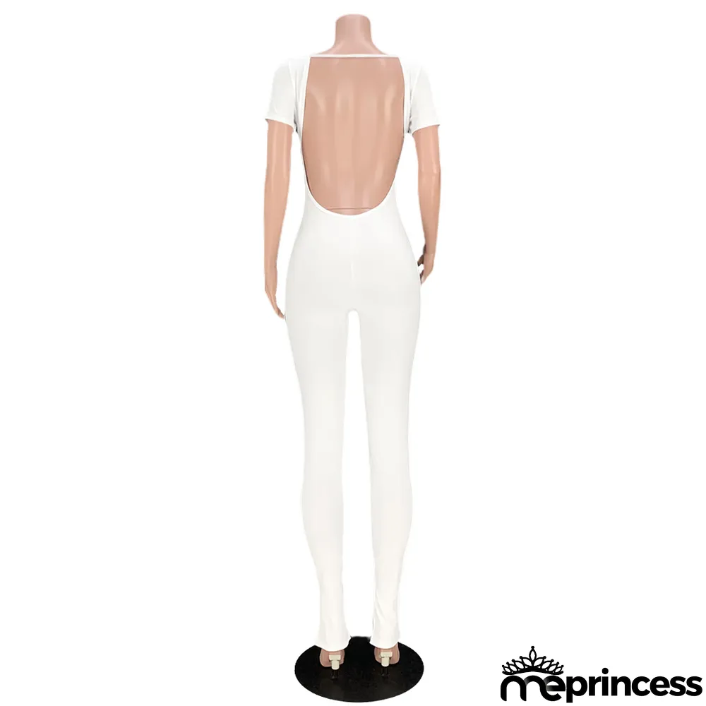 Women Sexy Solid Backless Split Flared Jumpsuit