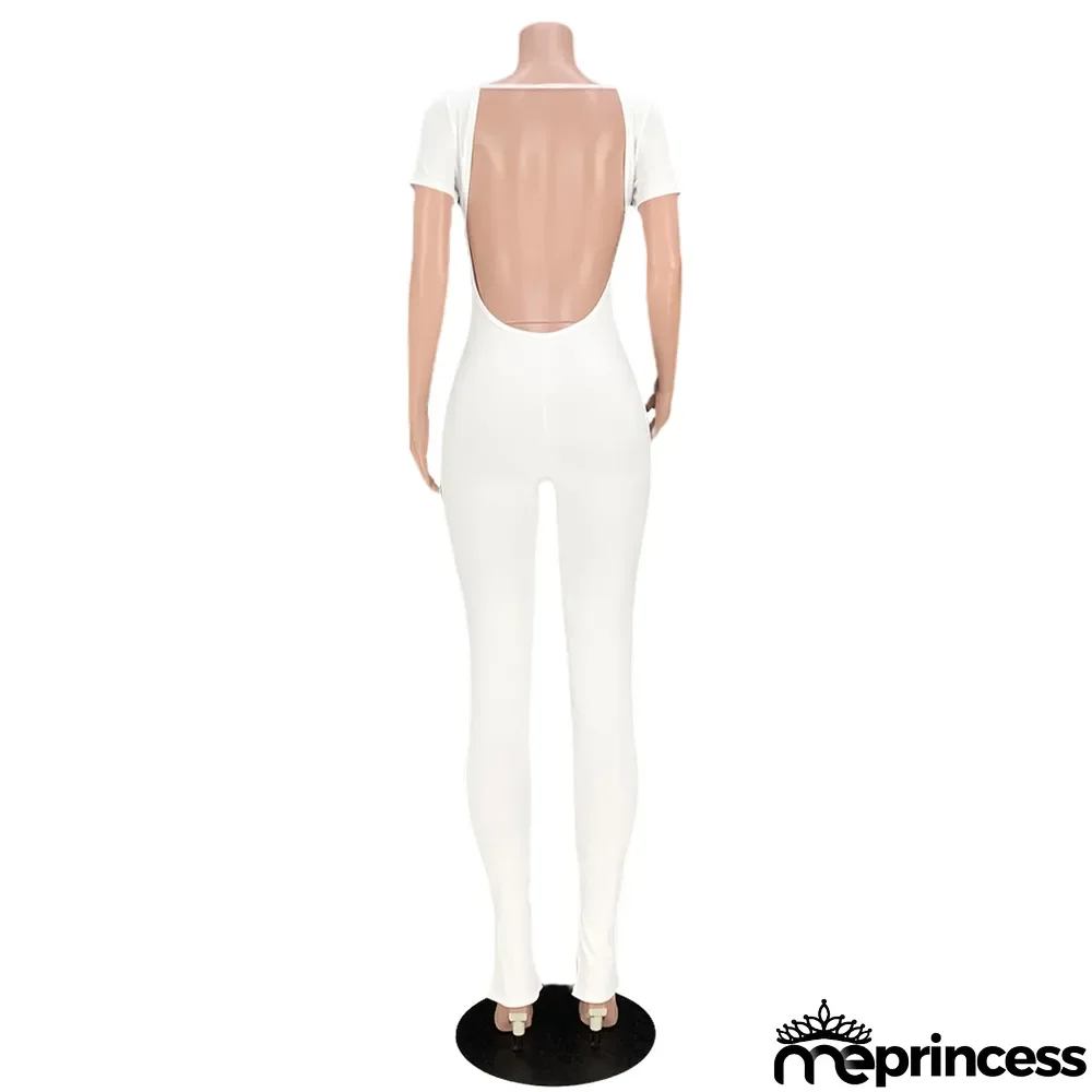 Women Sexy Solid Backless Split Flared Jumpsuit