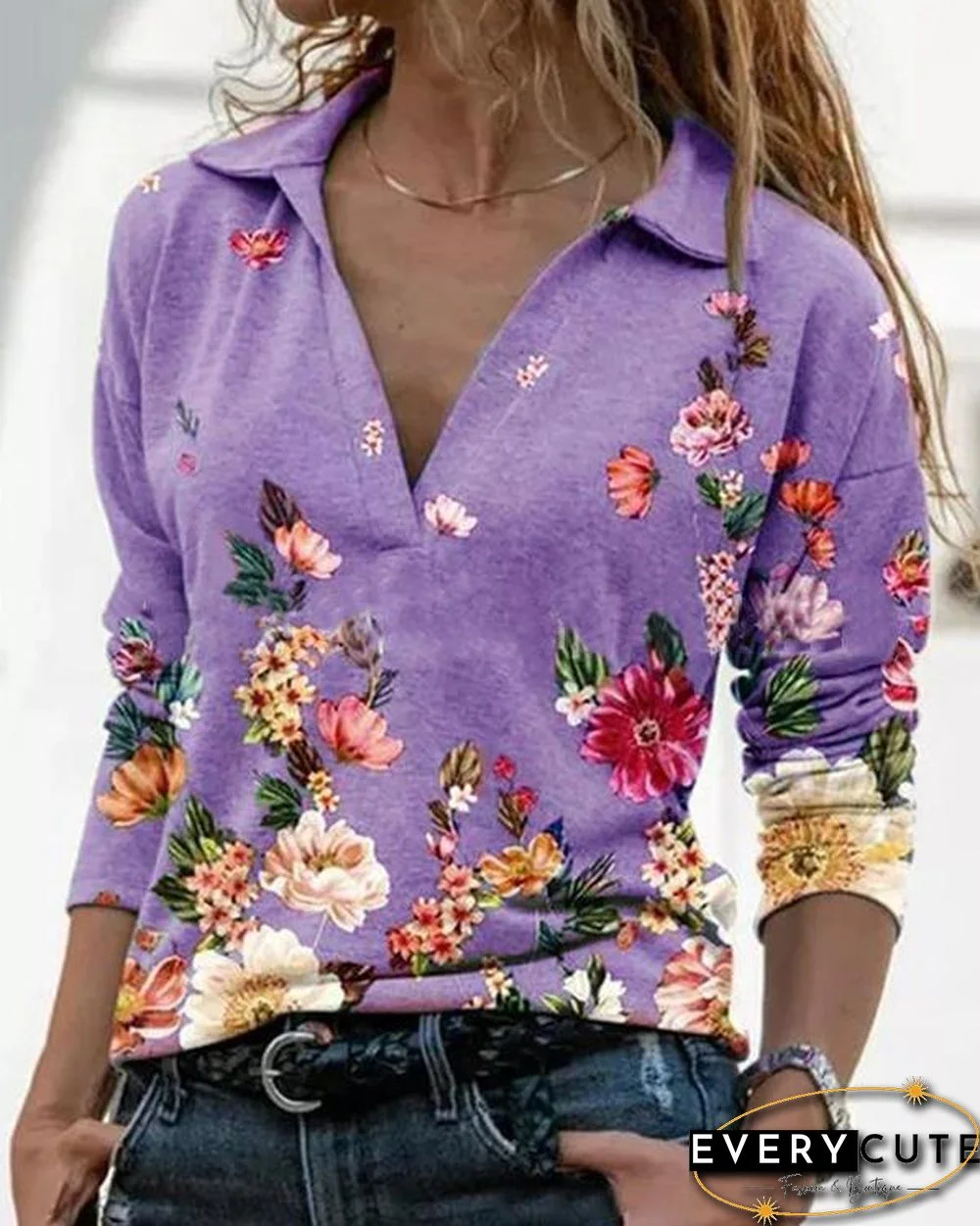 Women Printed Long Sleeve V Neck Shirts