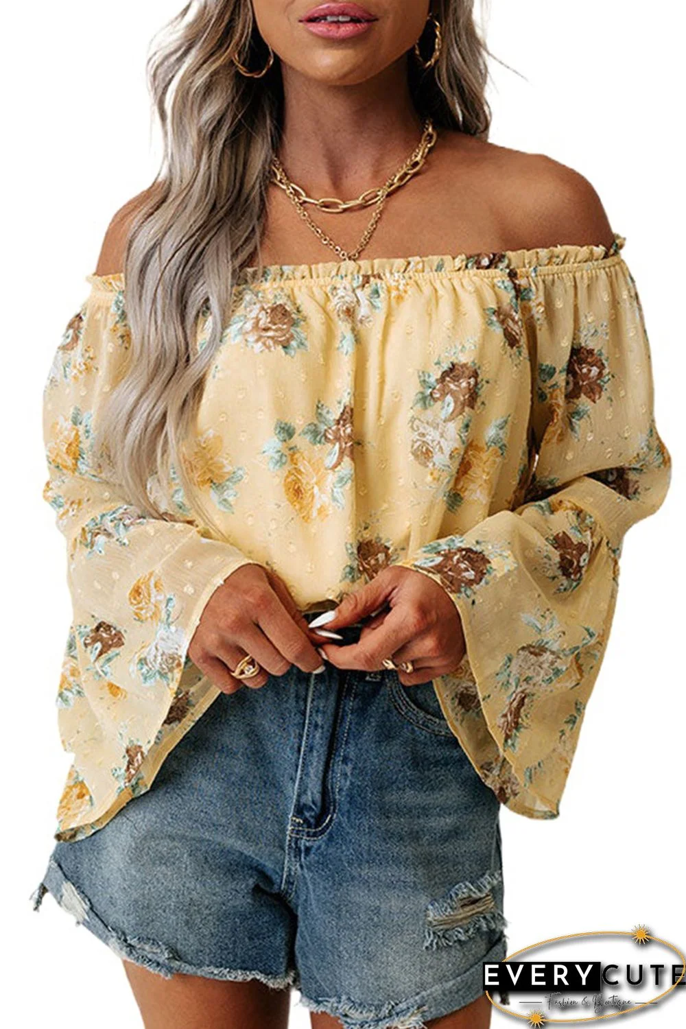 Yellow Bell Sleeves Floral Crop Top