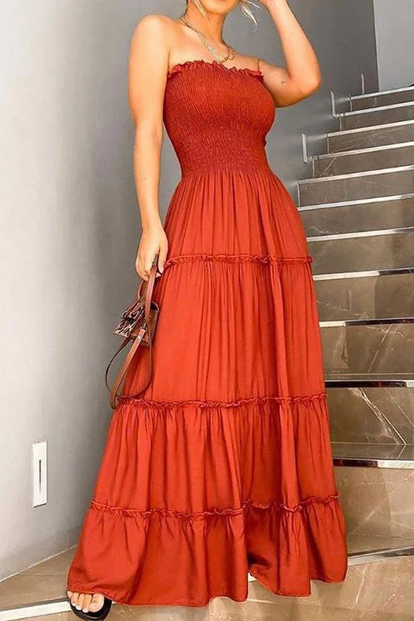 Solid Color Strap Shirred Elegant Tiered Maxi Dress