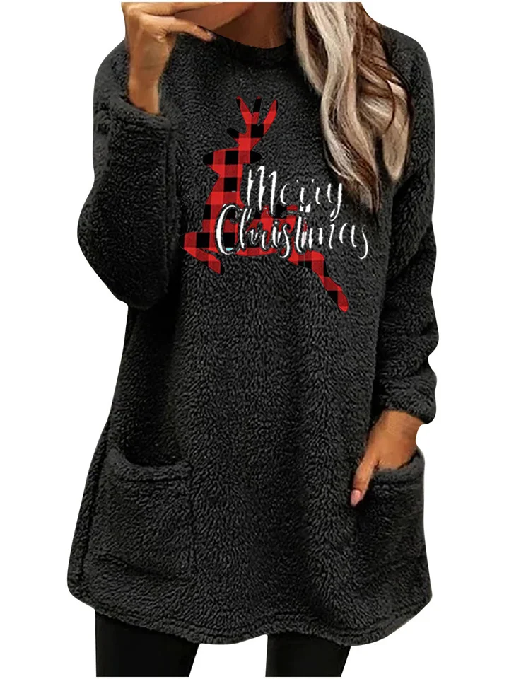 Women's Fall and Winter Loose Long-sleeved Elk Letters Printed Double-sided Velvet Pocket Round Neck Sweater