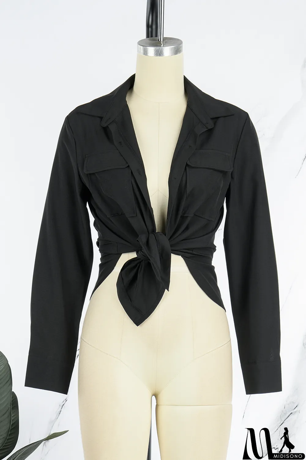 MidiSono - Brown Casual Solid Patchwork Buckle Turndown Collar Tops