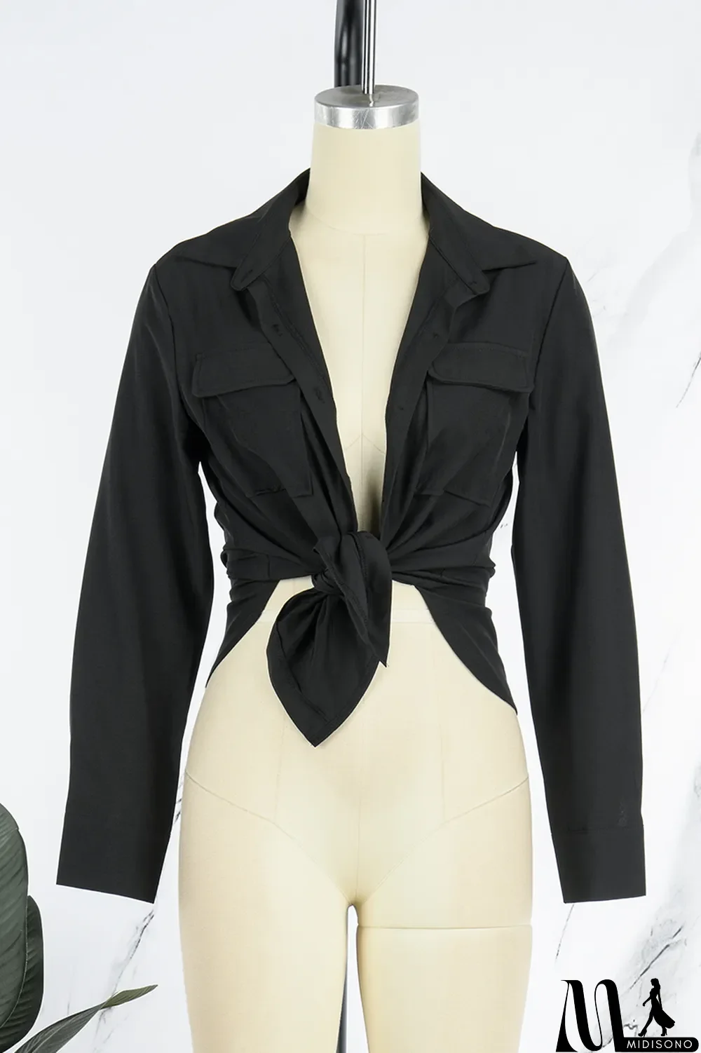 MidiSono - Brown Casual Solid Patchwork Buckle Turndown Collar Tops