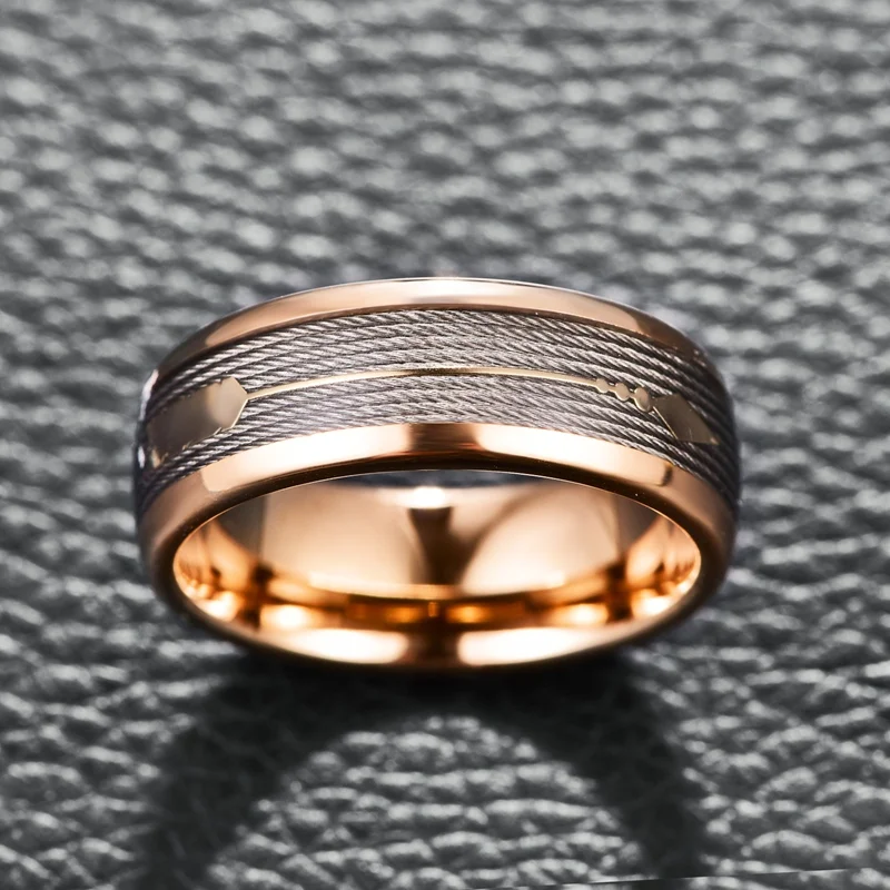 8mm Rose Gold Domed Arrow Tungsten Carbide Rings Men's Wedding