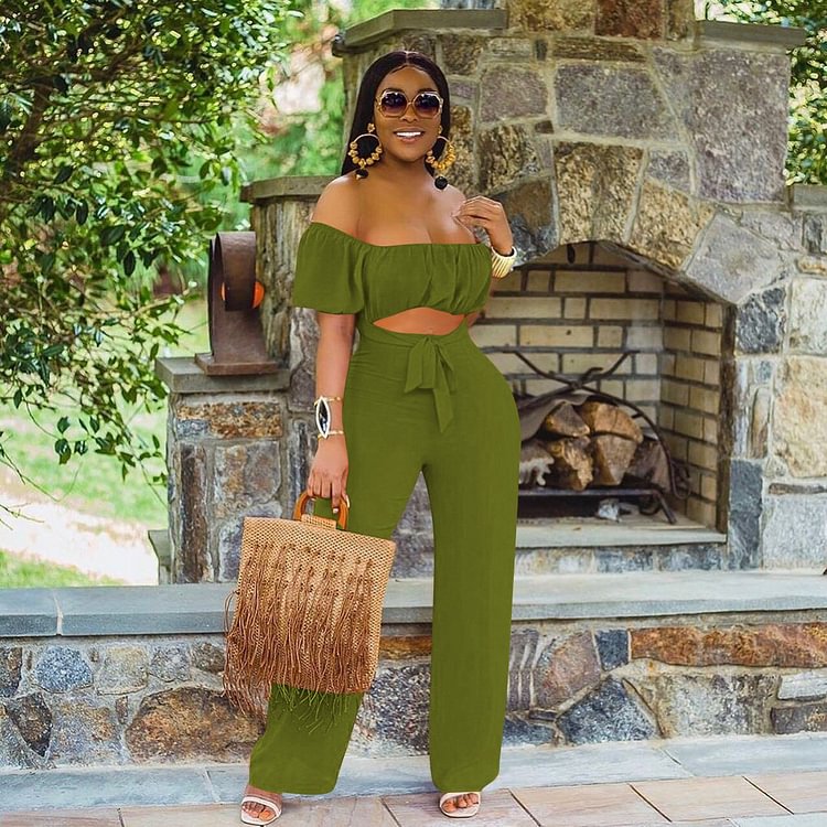 Solid Color Backless Shoulder One-piece Casual Wide-leg Pants