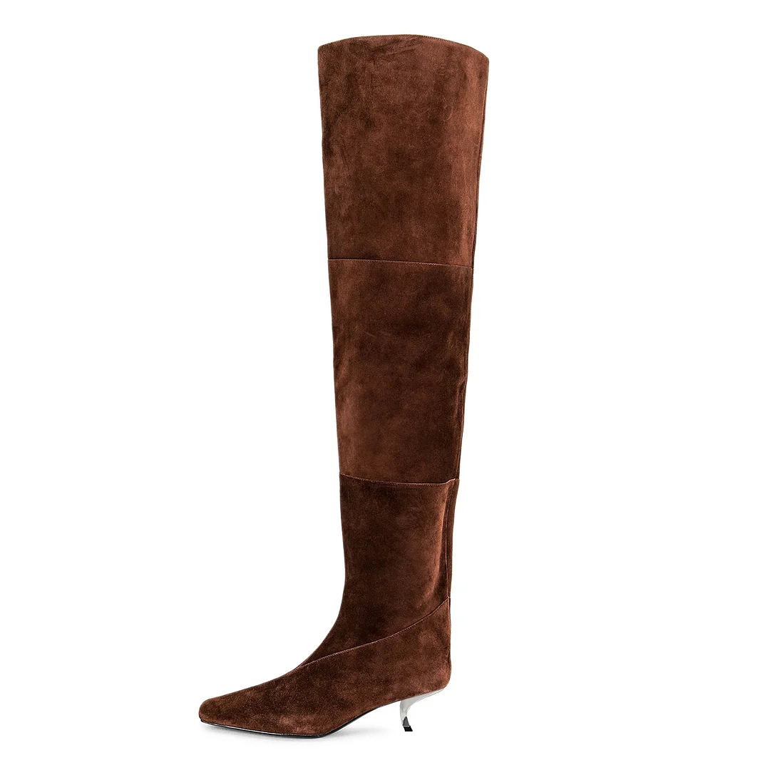 Vegan Suede Square Toe Silver Comma Heel Thigh-High Boots in Brown