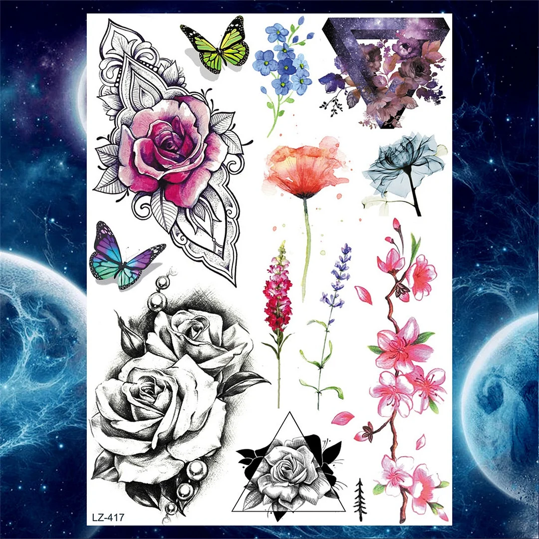 Flower Temporary Tattoos For Women Adult Girls Rose Geometry Tattoos Sticker Fake Moon Peony Large Black Floral Tatoos Supplies