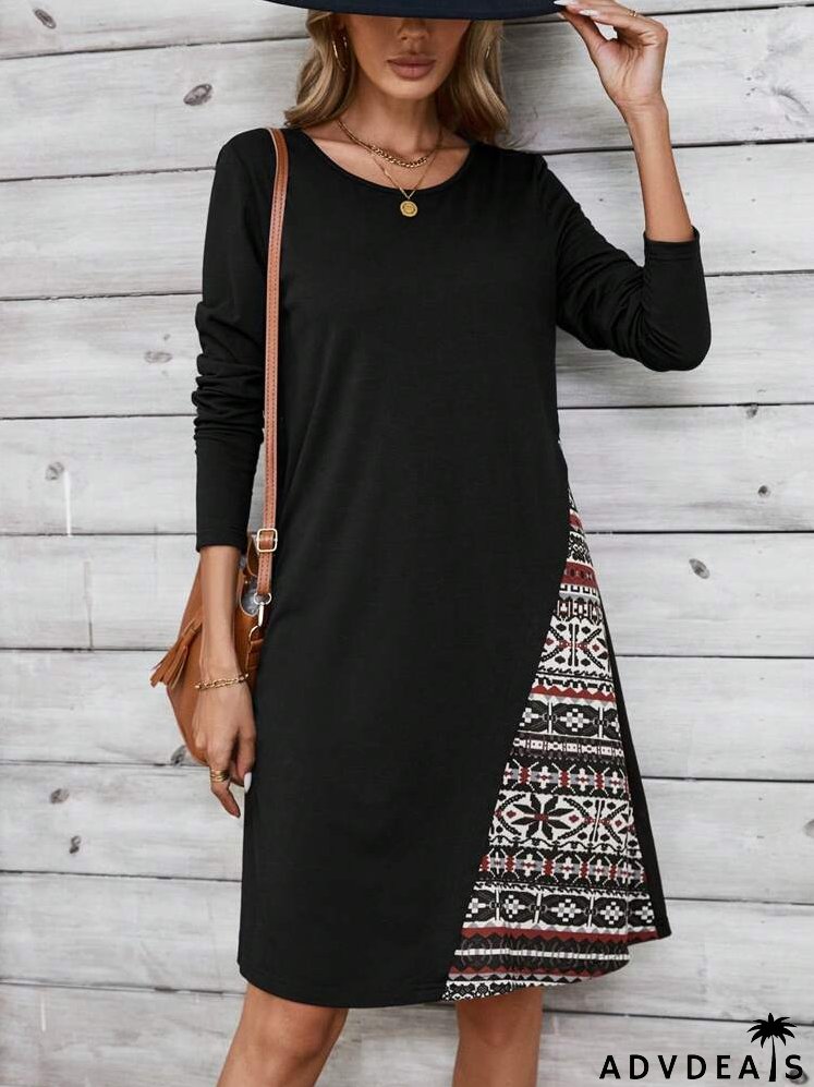 Fall Dress With Retro Pattern Patchwork, Women's Long-Sleeve Dress