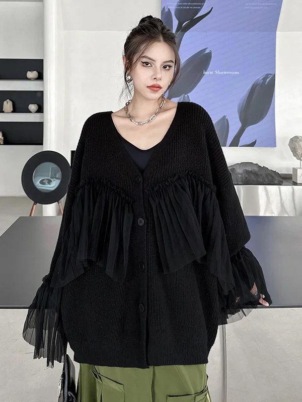 Dark Style Splicing Mesh Long Sleeve Blouse