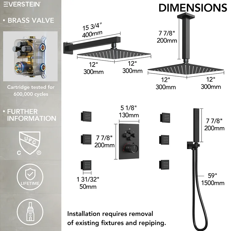 SFS-1032-BK12 12" Ceiling Mount Dual Shower Head and Handheld Shower with 6 Jets in Matte Black(Valve Included)