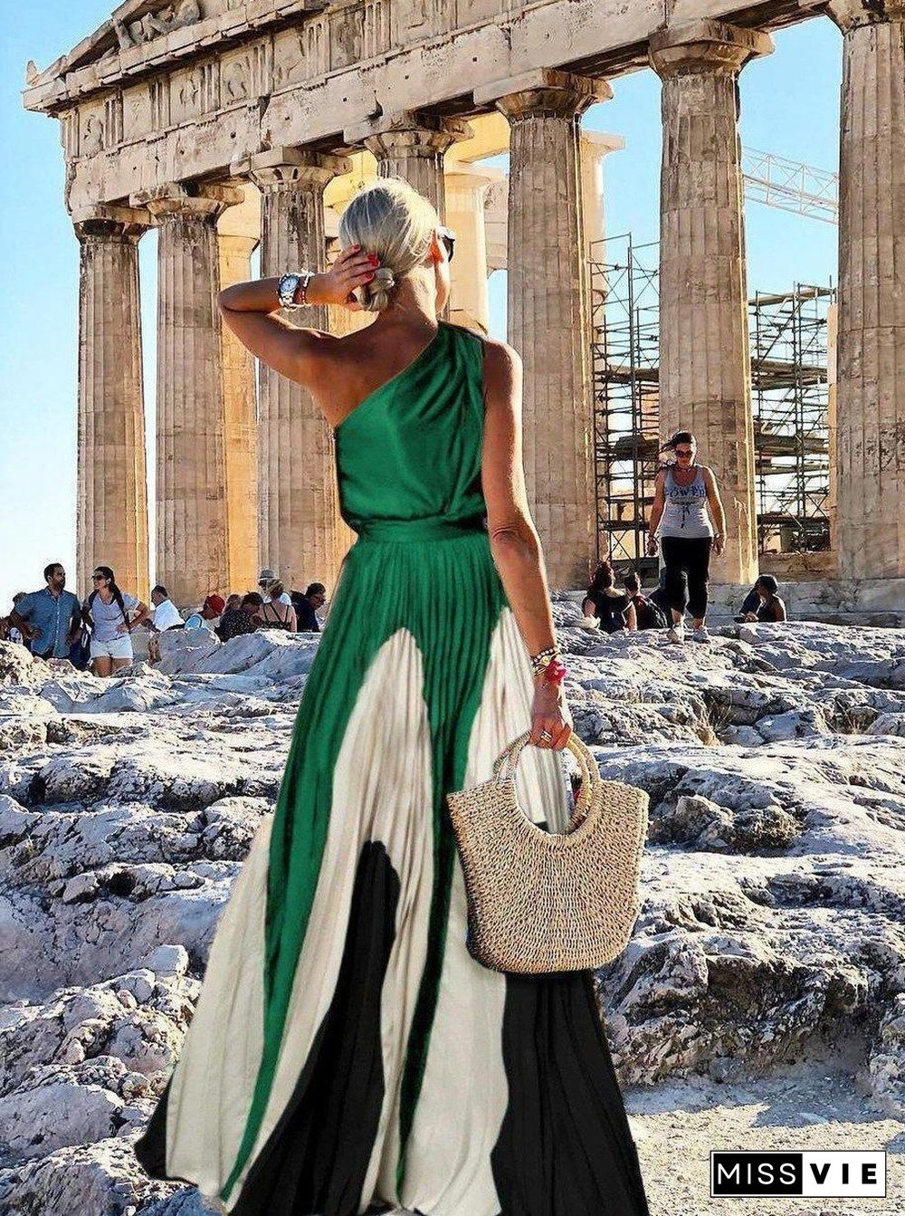 Elegant One Shoulder Colorblock A Line Prom Dress