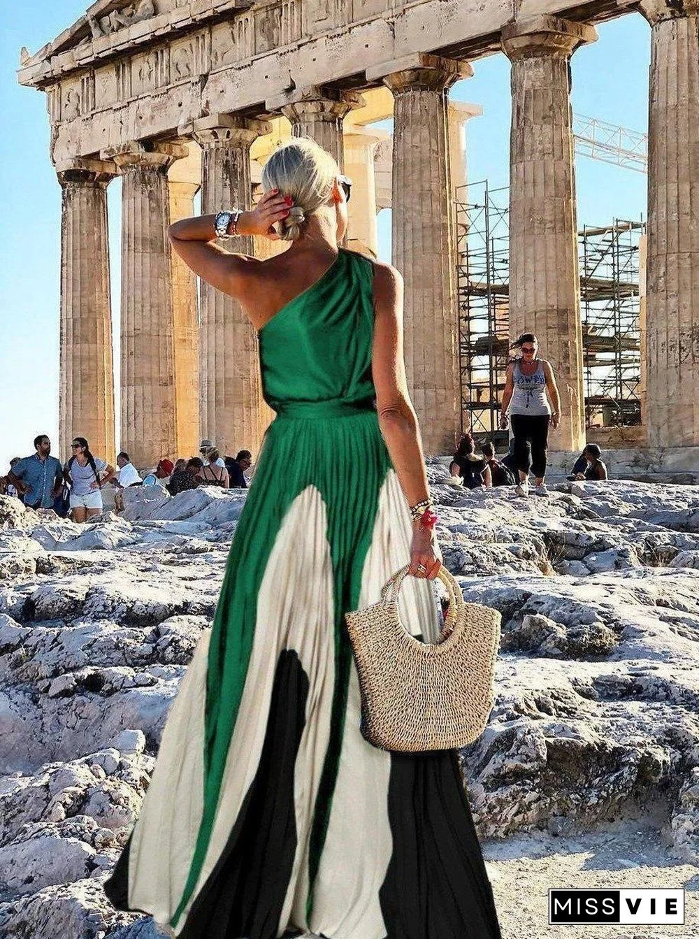 Elegant One Shoulder Colorblock A Line Prom Dress