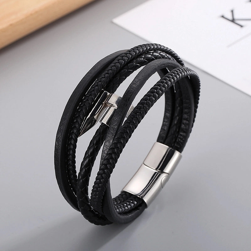 Vintage Style Geometric Color Block Stainless Steel Leather Plating 18K Gold Plated Men's Bracelets4