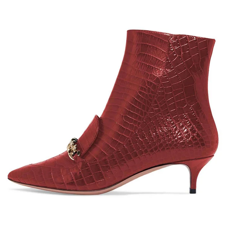 Red Kitten Heel Chains Pointy Toe Ankle Booties Vdcoo
