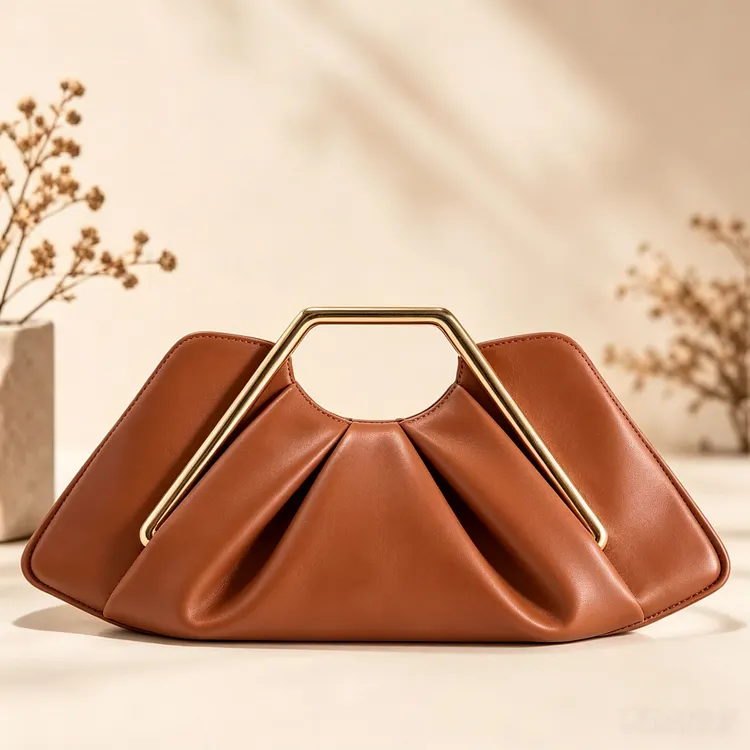 Elegant Pleated Evening Clutch Bag &ndash; Geometric Gold Metal Handle Women&rsquo;s Handbag, Chic Statement Purse for Weddings, Parties & Special Occasions