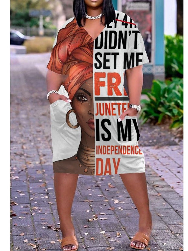 African girl printed  plus size v-neck mid-sleeve dress
