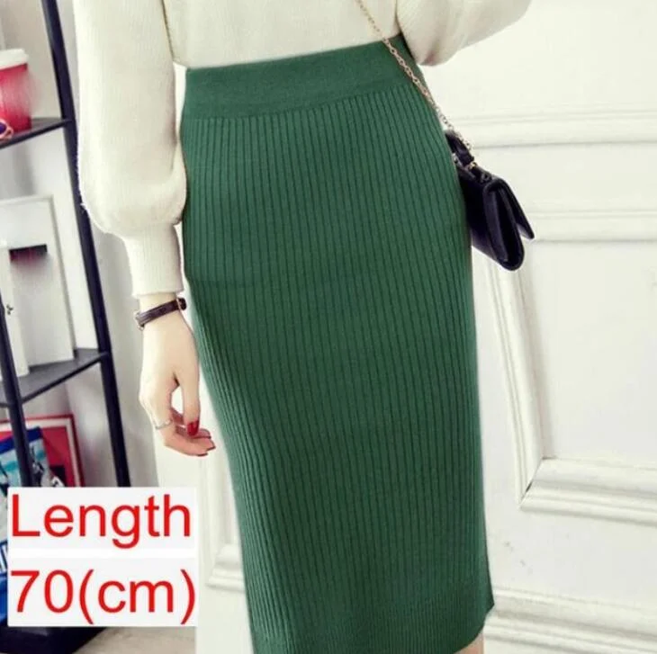 Women Knitted Pencil Skirts Slim Solid Basic Ladies Office High Waist Elegant Midi Skirt 2020 Autumn Winter Warm Womens Skirts