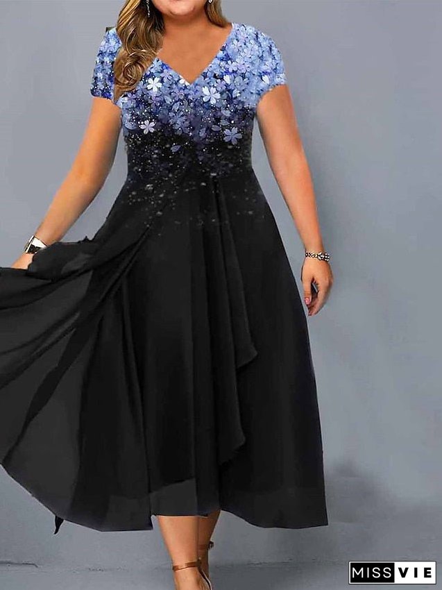 Women's Plus Size A Line Dress Floral V Neck Print Short Sleeve Spring Summer Elegant Midi Dress Daily Vacation Dress