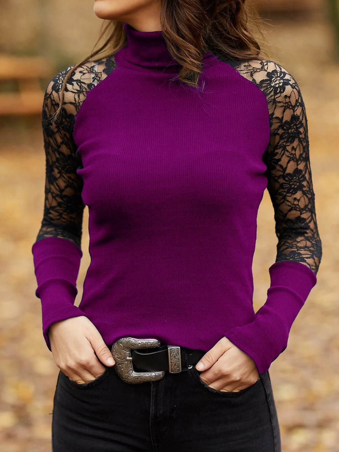 Women's Long Sleeve Turtle Neck Lace Stitching Top