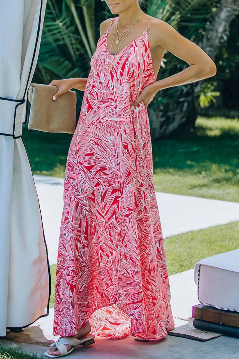 Fashion  Vacation Print Slit V Neck Princess Dresses