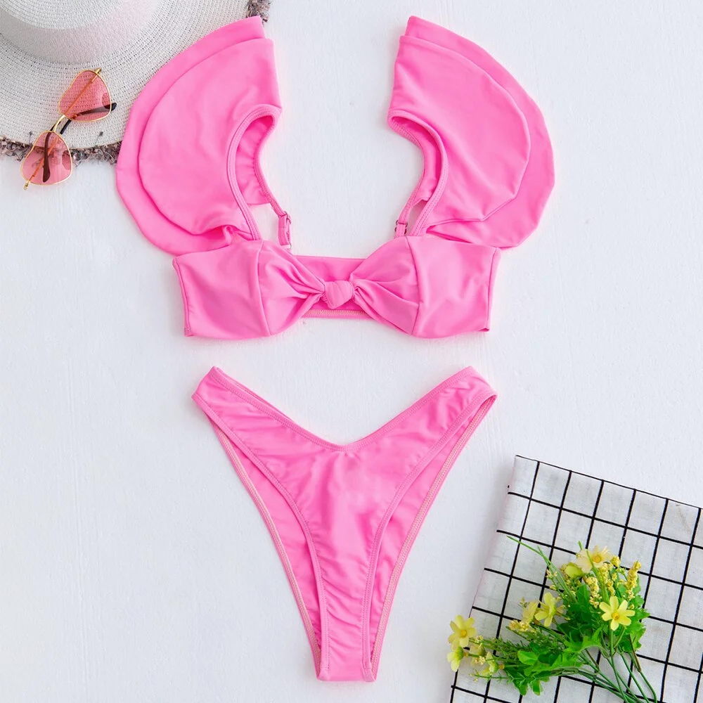 2021 New Sexy Solid Pink Low Waist Ruffled Bikini Set Swimwear Women Bandeau Swimsuit Push Up Bathing Suit Beach Wear biquini