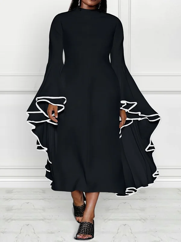Solid Color Irregular Clipping Long Sleeves Stand Collar Midi Dresses