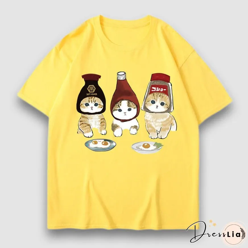 Three Cat Cartoon Print Tee