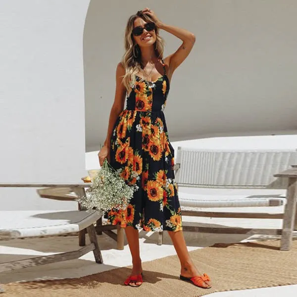 Casual Vintage Sundress Female Beach Dress Midi Button Backless Polka Dot Striped Women Dress Summer 2020Sexy Strap Floral Dress