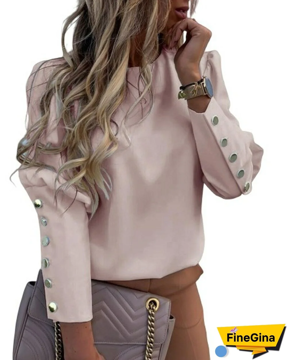 Women's Long Sleeve Round Neck Metal Button Top Blouse Women Solid Color Slim Bodycon Polo Shirts Ladies Tops