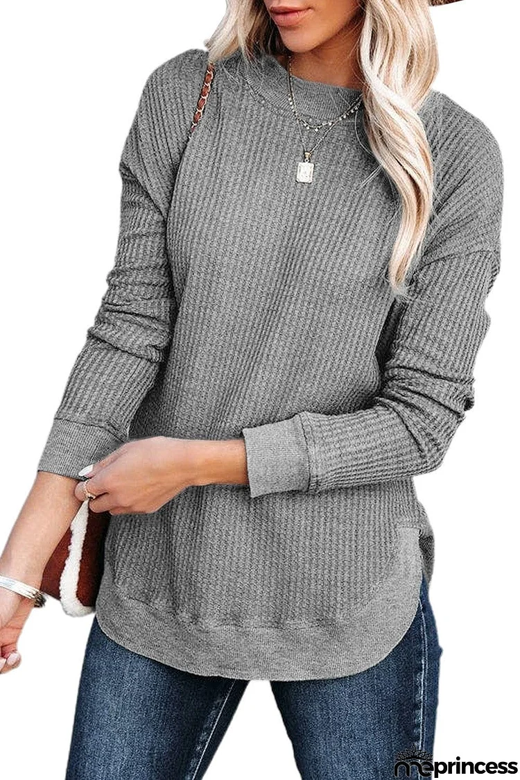 Crew Neck Ribbed Trim Waffle Knit Top