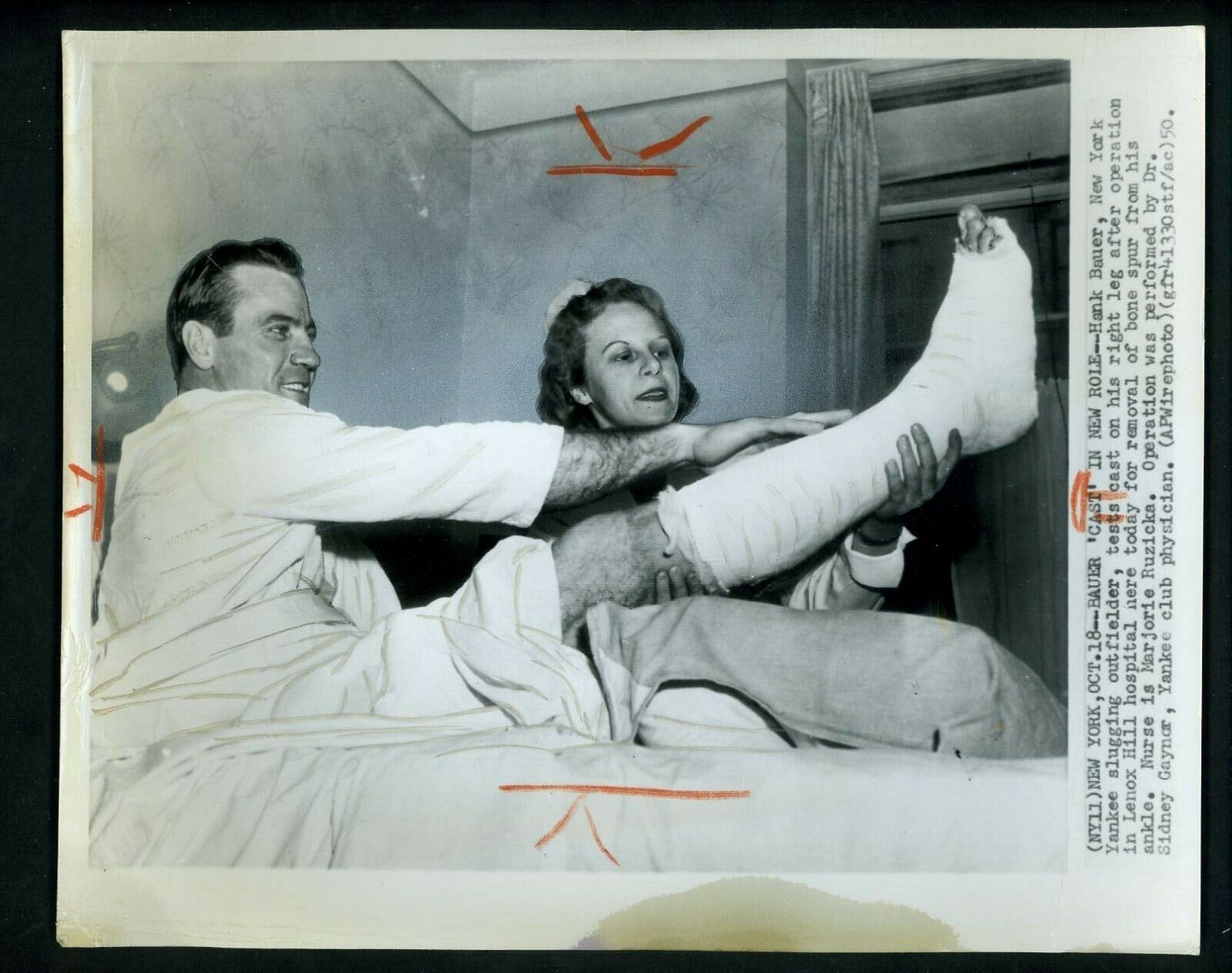 Hank Bauer surgery 1950 Press Photo Poster painting New York Yankees Nurse Marjorie Ruzicka