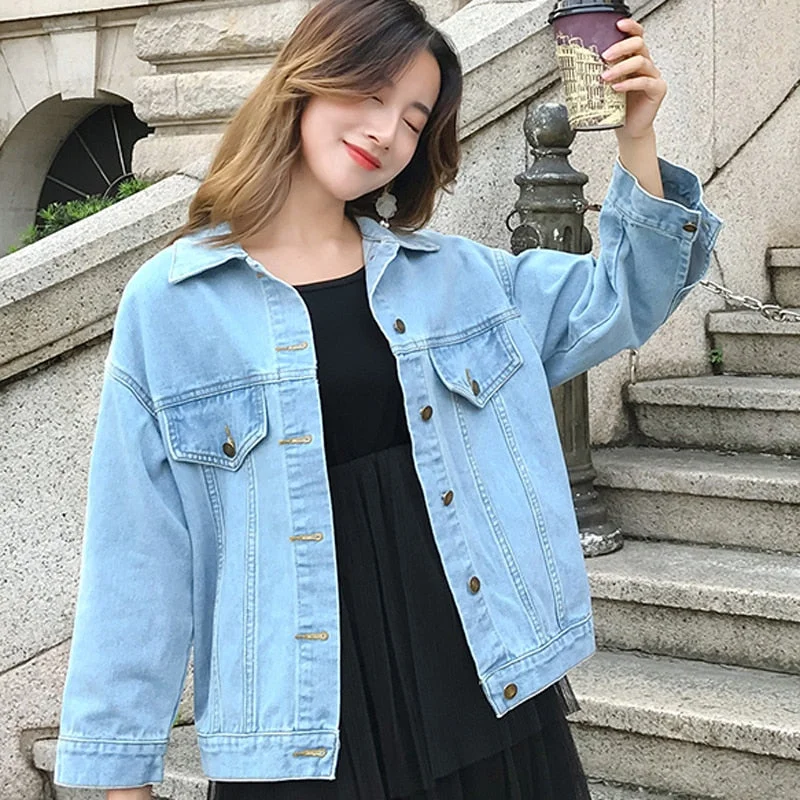 Zoki Plus Size Women Denim Jacket Fashion Sequins Autumn Jean Coat Casual Loose Cotton Long Sleeve Singe Breasted Outwear 2021