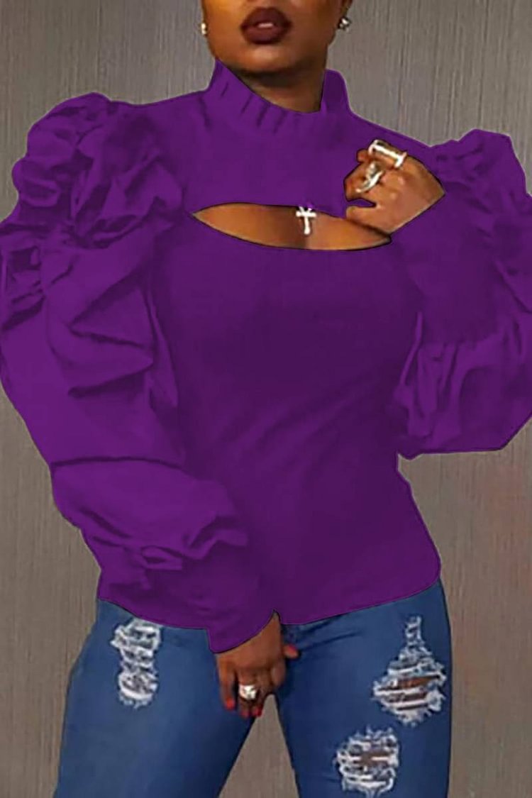 Xpluswear Plus Size Purple Daily Cut Out Puff Sleeve Blouses [Pre-Order]