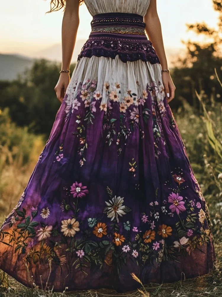 Women's Boho Floral Embroidery Purple Gradient Cotton Flowing Half Elastic Skirt