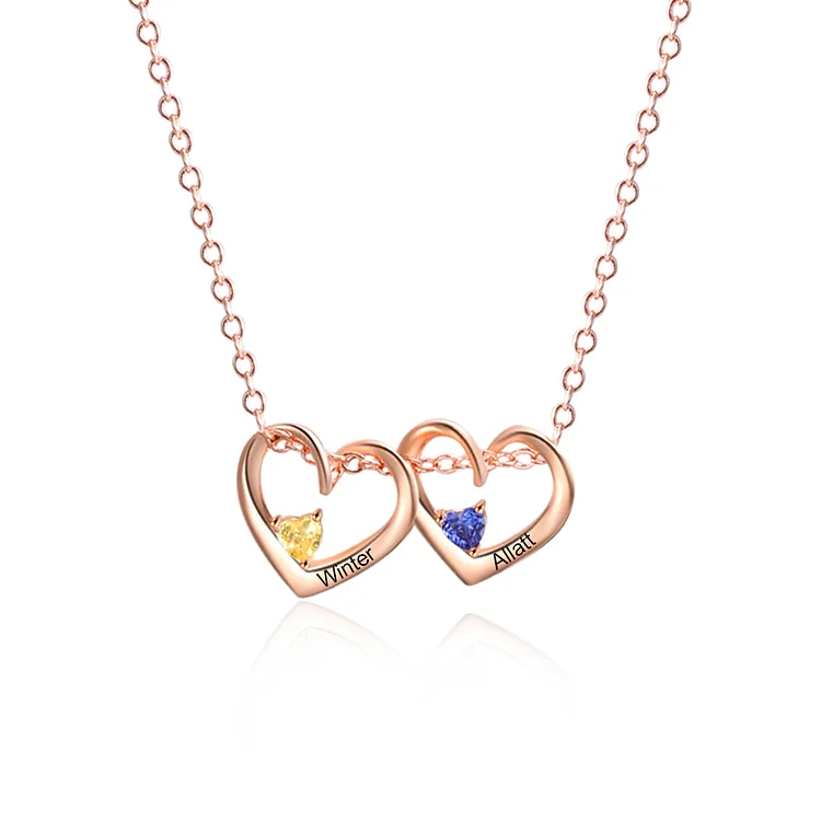 Personalisierte 2 Namen Herzförmig Halskette mit 2 Geburtssteinen