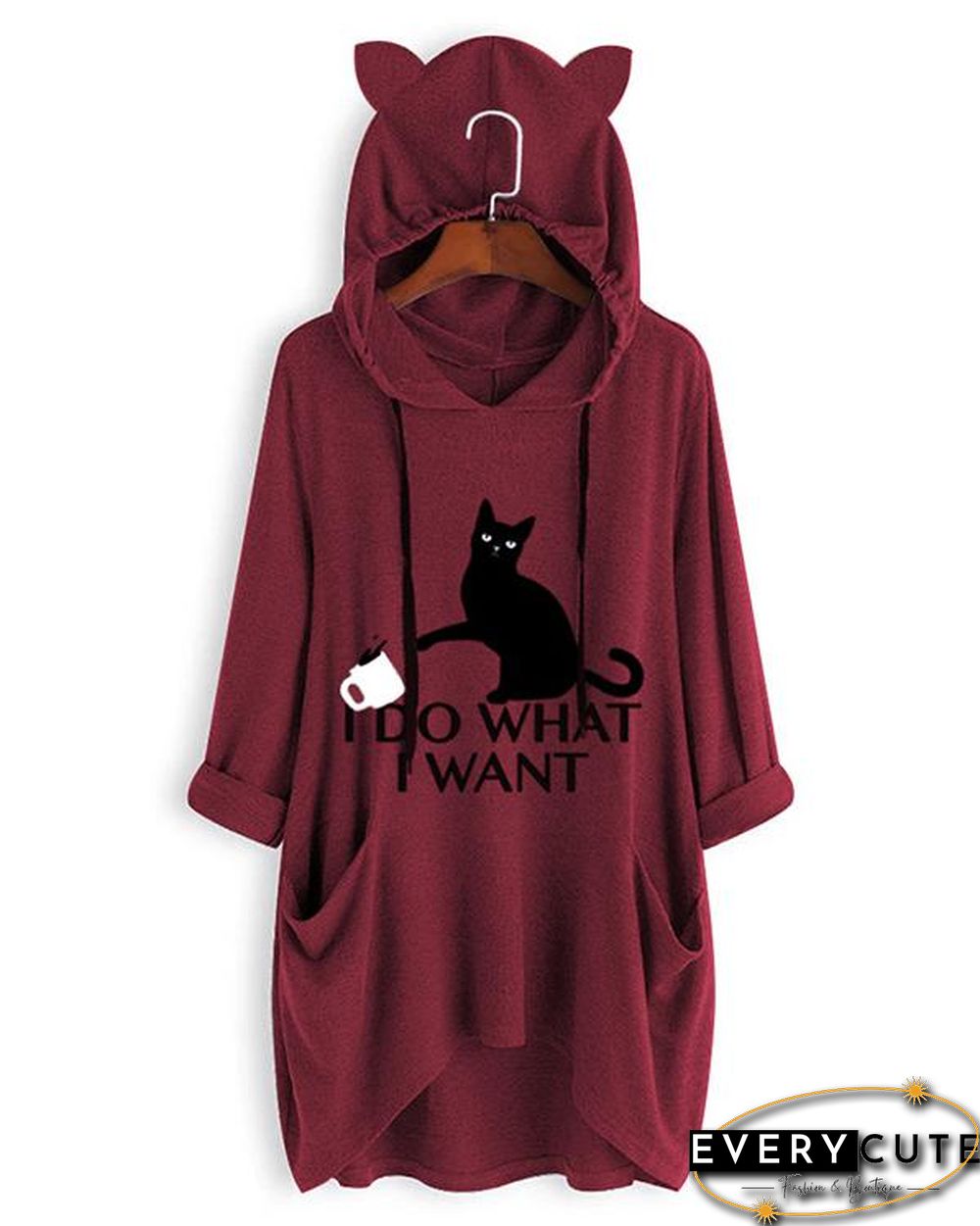 I DO WHAT I WANT Cute Cat Print Irregualr 3/4 Sleeve Plus Size Hoodie