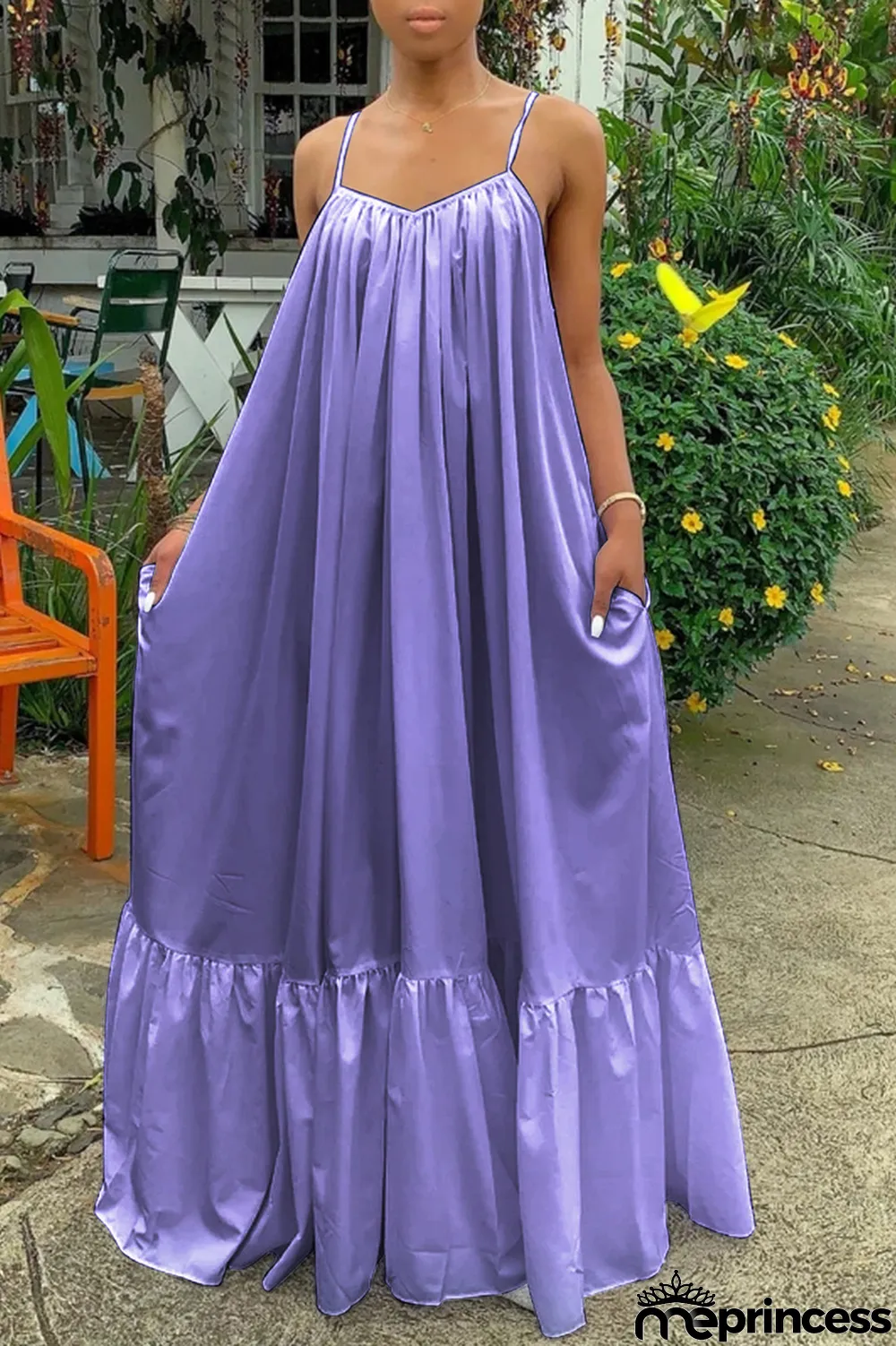 Light Purple Sexy Casual Solid Backless Spaghetti Strap Loose Sling Dress