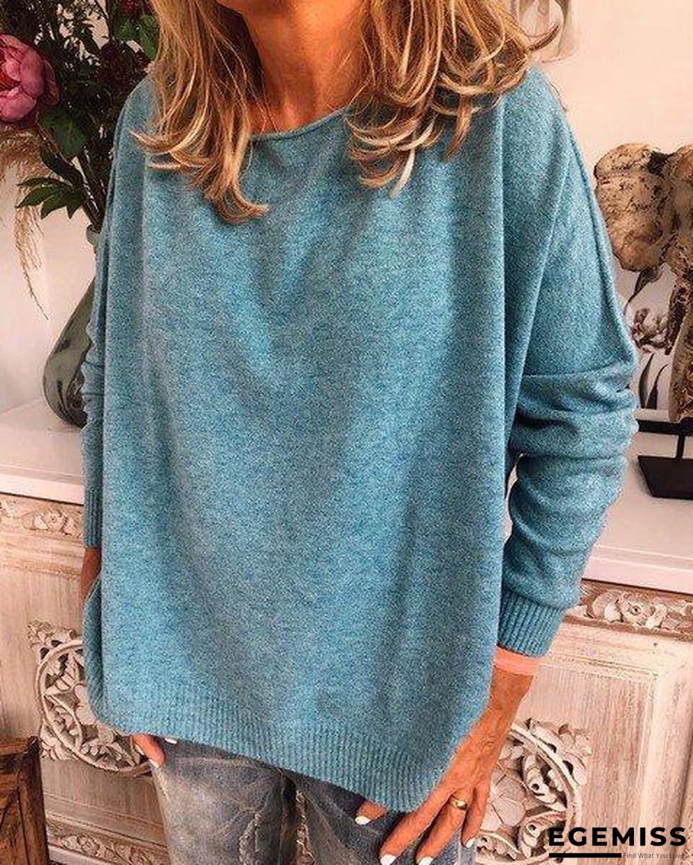 Blue Long Sleeve Cotton Plus Size Sweater | EGEMISS