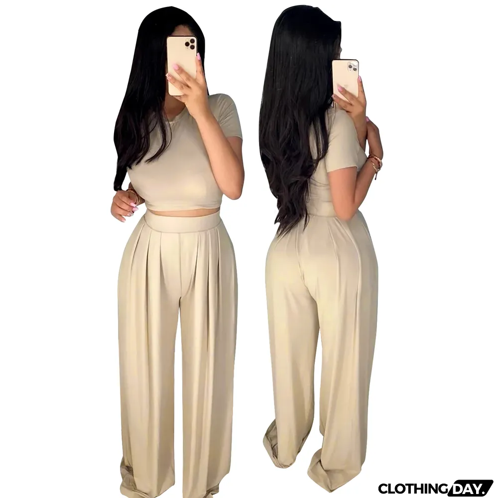 Summer Sexy Plain Crop Top and Pleated Loose Pants Set
