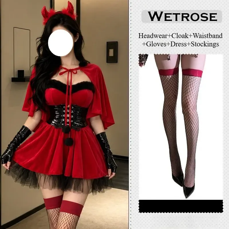 [Wetrose] In Stock Red Devil Velvet Dress With Cape Horn Headband Gloves Party Outfit Cosplay Costume Halloween Xmas