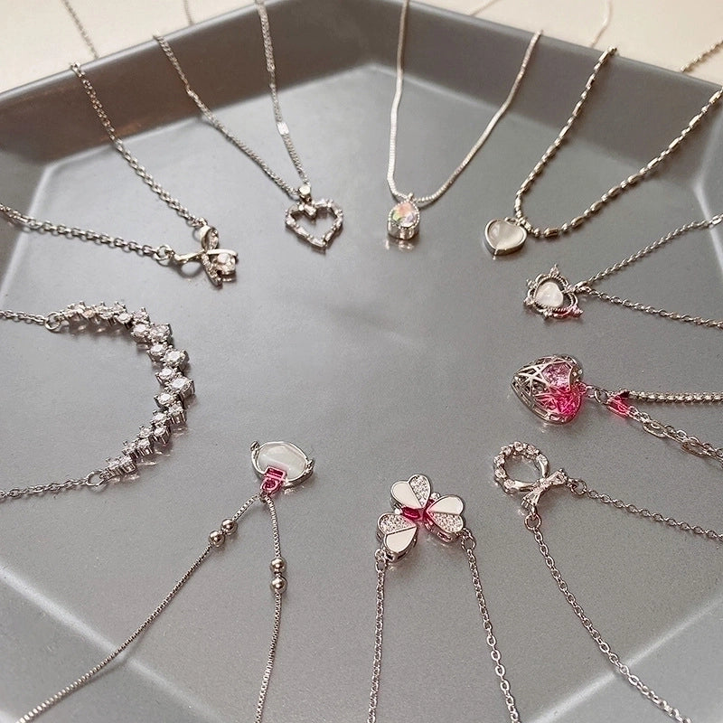 Elegant Lady Geometric Heart Shape Bow Knot Titanium Steel Copper Plating Inlay Zircon Pendant Necklace