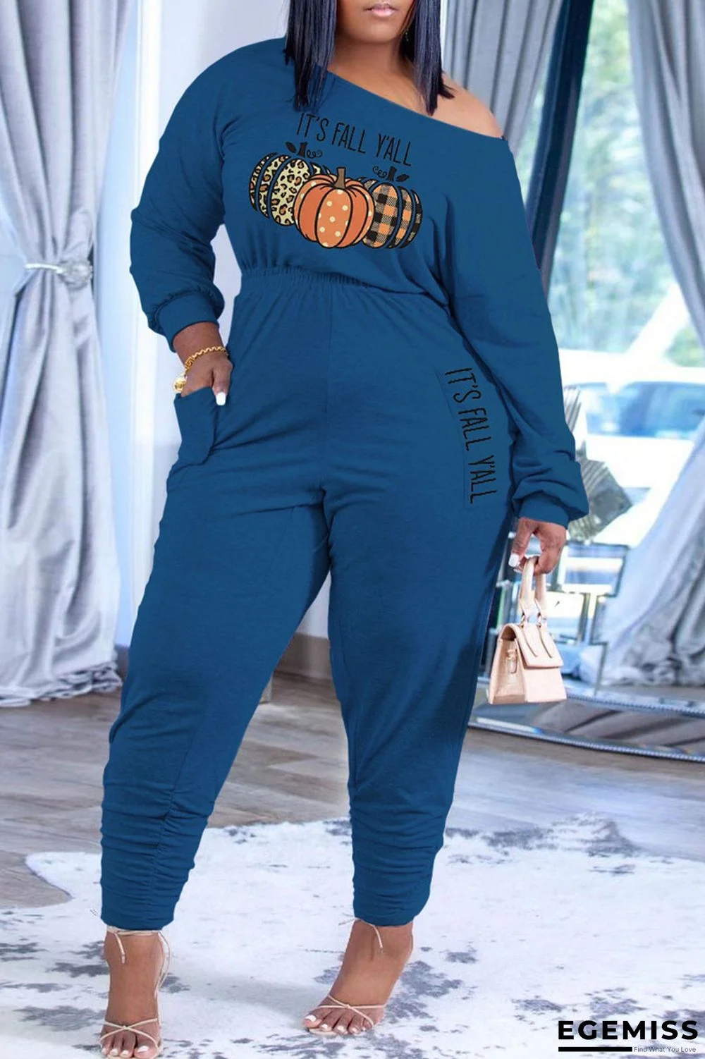Blue Casual Print Patchwork O Neck Straight Jumpsuits | EGEMISS