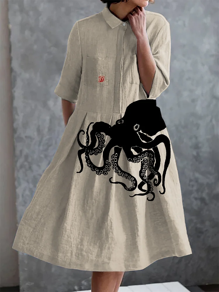Vintage Octopus Print Casual Elegant Pocket Half Sleeve Dress